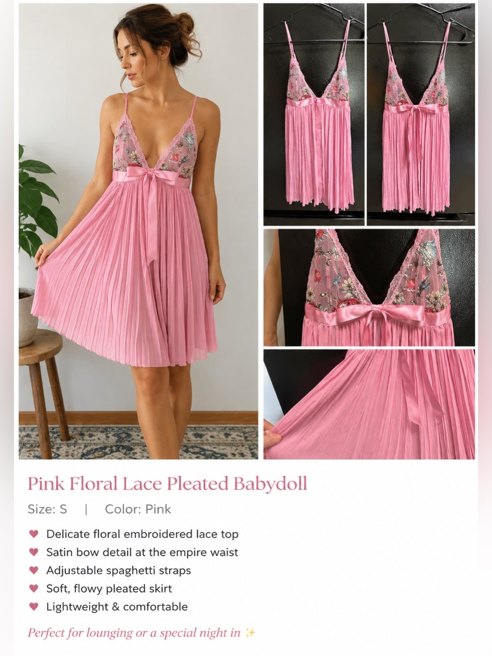 Victoria's Secret Pink Floral Lace Pleated Babydoll
